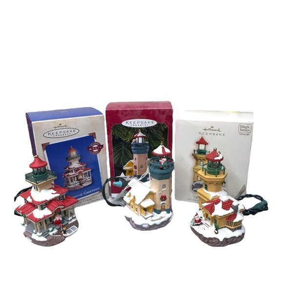 Hallmark Keepsake Lighthouse Greetings Christmas Ornament Magic Series Set Of 3 - Picture 1 of 8